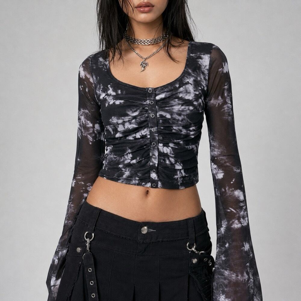 Current Mood Fairy Grunge Whimsigoth Crop Top Black Tie Dye Bell Sleeve Ruched S